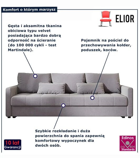 Szara welurowa sofa amerykanka z pojemnikiem M8-E16