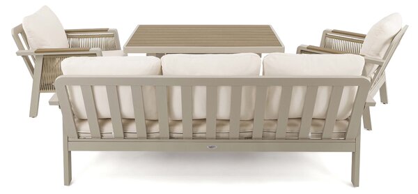 MebleMWM Zestaw mebli ogrodowych z aluminium PROVENCE | Beż + imitacja drewna | Beżowe poduszki