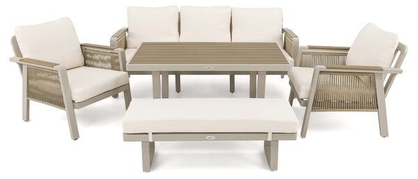 MebleMWM Zestaw mebli ogrodowych z aluminium PROVENCE | Beż + imitacja drewna | Beżowe poduszki