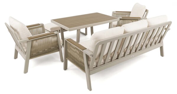 MebleMWM Zestaw mebli ogrodowych z aluminium PROVENCE | Beż + imitacja drewna | Beżowe poduszki