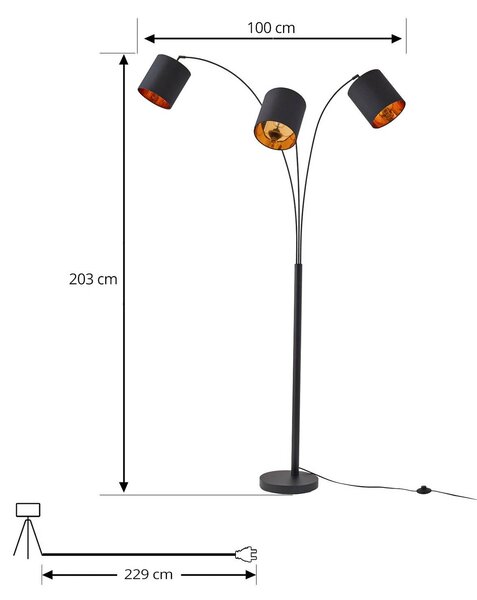 Lampa stojąca Lindby Nanika, czarny/złoty, 202 cm, E27, 3-punktowa. Nanika, czarny, salon / jadalnia, metal, nowoczesny