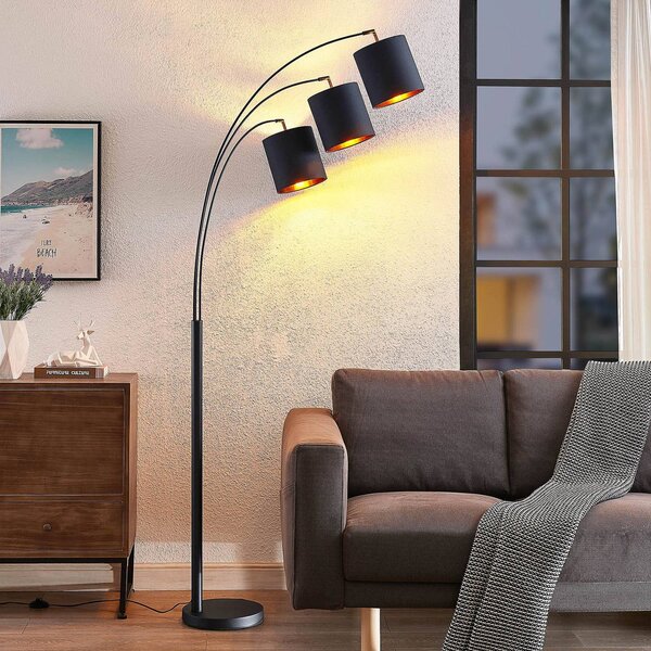 Lampa stojąca Lindby Nanika, czarny/złoty, 202 cm, E27, 3-punktowa. Nanika, czarny, salon / jadalnia, metal, nowoczesny