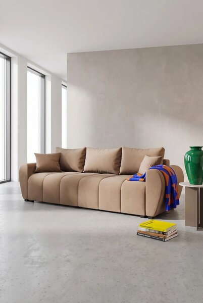Jasnobrązowa welurowa sofa rozkładana z pojemnikiem B3-M33