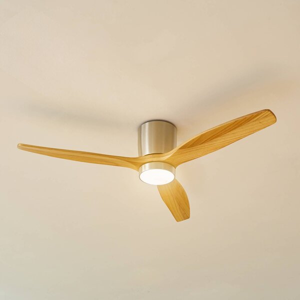 Wentylator sufitowy LED Lucande Faipari, nikiel, DC, cichy, 132 cm Faipari, jasne drewno, salon / jadalnia, drewno, nowoczesny