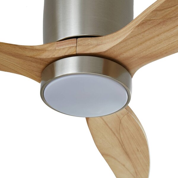 Wentylator sufitowy LED Lucande Faipari, nikiel, DC, cichy, 132 cm Faipari, jasne drewno, salon / jadalnia, drewno, nowoczesny