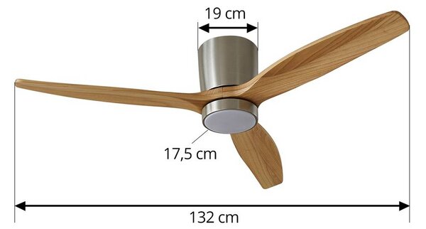Wentylator sufitowy LED Lucande Faipari, nikiel, DC, cichy, 132 cm Faipari, jasne drewno, salon / jadalnia, drewno, nowoczesny