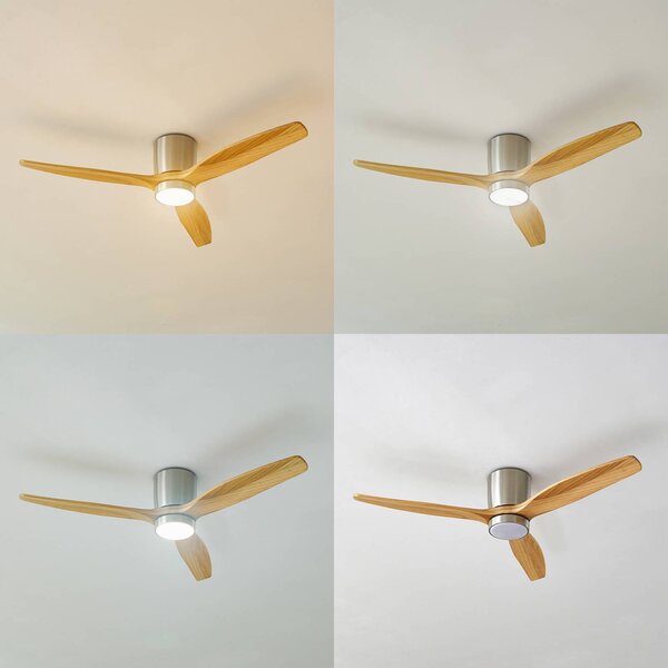 Wentylator sufitowy LED Lucande Faipari, nikiel, DC, cichy, 132 cm Faipari, jasne drewno, salon / jadalnia, drewno, nowoczesny