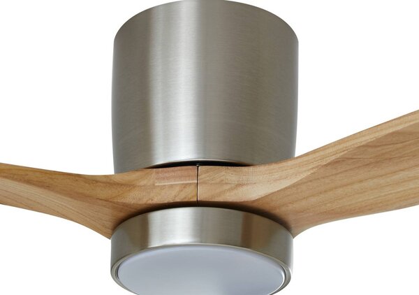 Wentylator sufitowy LED Lucande Faipari, nikiel, DC, cichy, 132 cm Faipari, jasne drewno, salon / jadalnia, drewno, nowoczesny