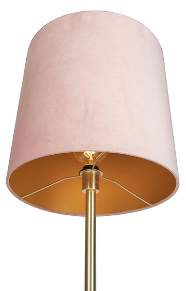 Romantyczna lampa podłogowa mosiężna z różowym kloszem 40 cm - Simplo