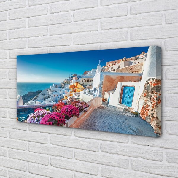 Obraz canvas na ścianę Biała Architektura i Kwiaty Grecji