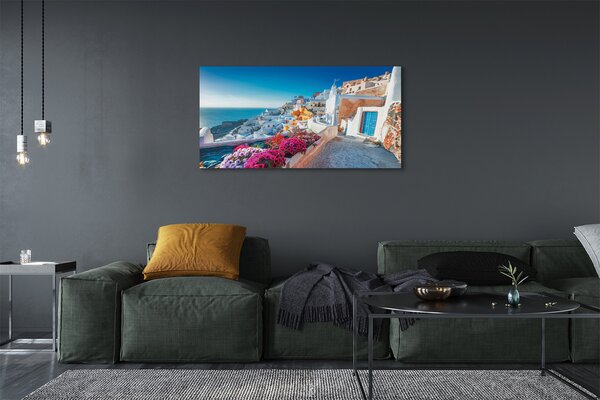 Obraz canvas na ścianę Biała Architektura i Kwiaty Grecji
