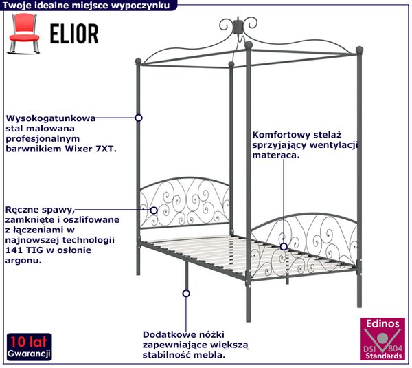 Szare metalowe łóżko z baldachimem 100x200 cm P8-A22