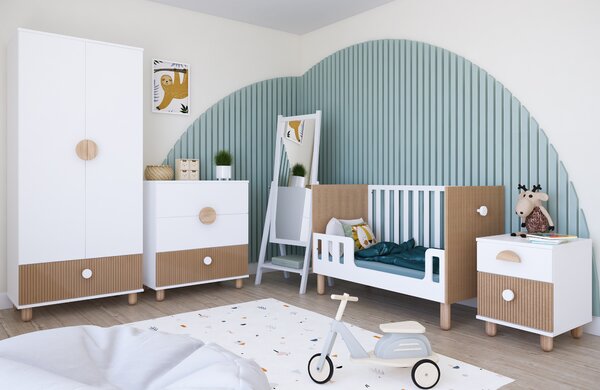 Zestaw mebli niemowlęcych Cozy LOFT Baby biały – łóżeczko, komoda, szafa, szafka