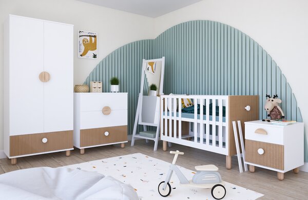 Zestaw mebli niemowlęcych Cozy LOFT Baby biały – łóżeczko, komoda, szafa, szafka