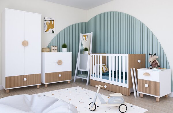 Zestaw mebli niemowlęcych Cozy LOFT Baby biały – łóżeczko, komoda, szafa, szafka