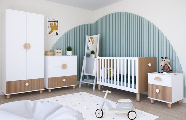 Zestaw mebli niemowlęcych Cozy LOFT Baby biały – łóżeczko, komoda, szafa, szafka