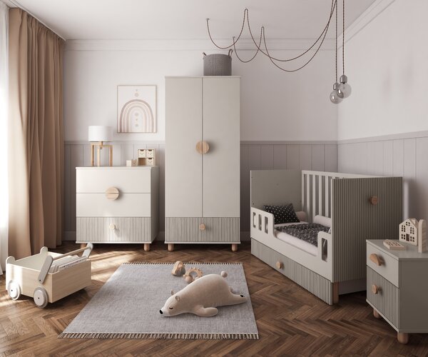 Zestaw mebli niemowlęcych Cozy LOFT Baby kaszmir – łóżeczko, komoda, szafa, szafka