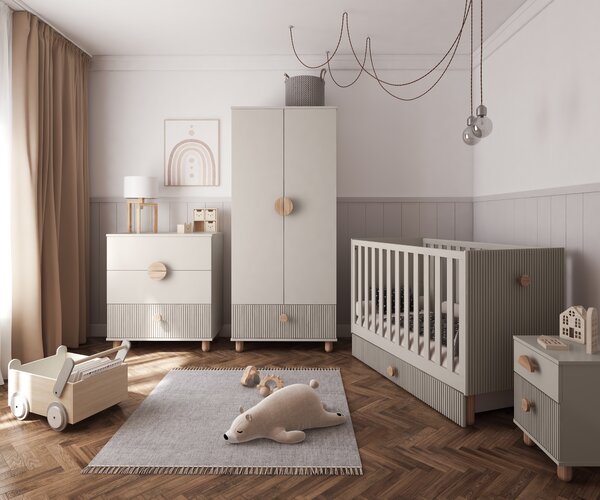 Zestaw mebli niemowlęcych Cozy LOFT Baby kaszmir – łóżeczko, komoda, szafa, szafka