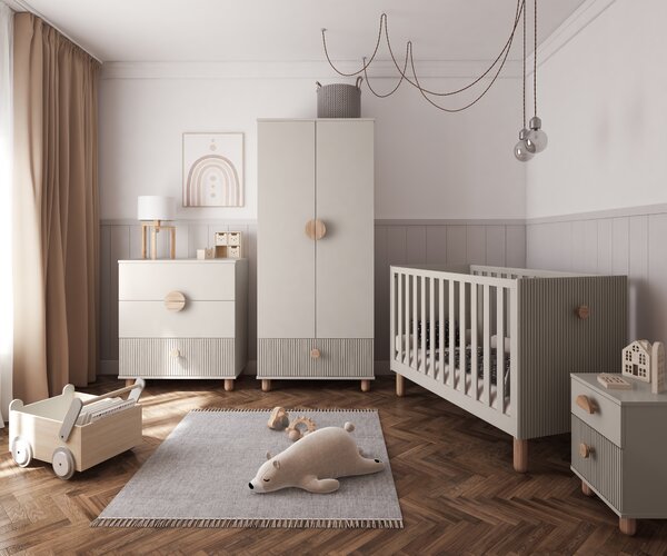 Zestaw mebli niemowlęcych Cozy LOFT Baby kaszmir – łóżeczko, komoda, szafa, szafka
