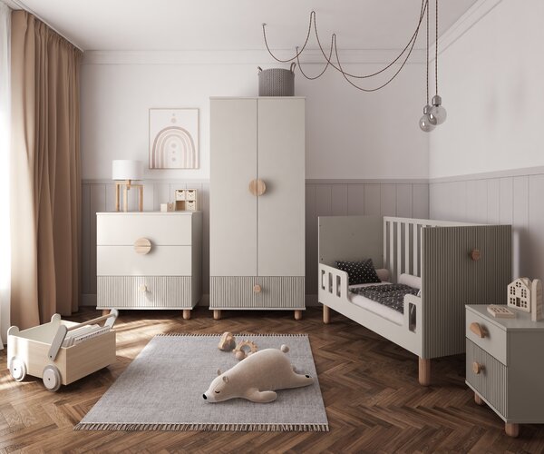 Zestaw mebli niemowlęcych Cozy LOFT Baby kaszmir – łóżeczko, komoda, szafa, szafka