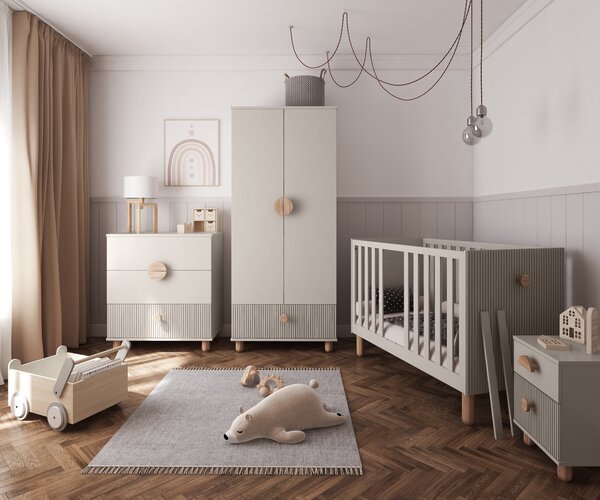 Zestaw mebli niemowlęcych Cozy LOFT Baby kaszmir – łóżeczko, komoda, szafa, szafka