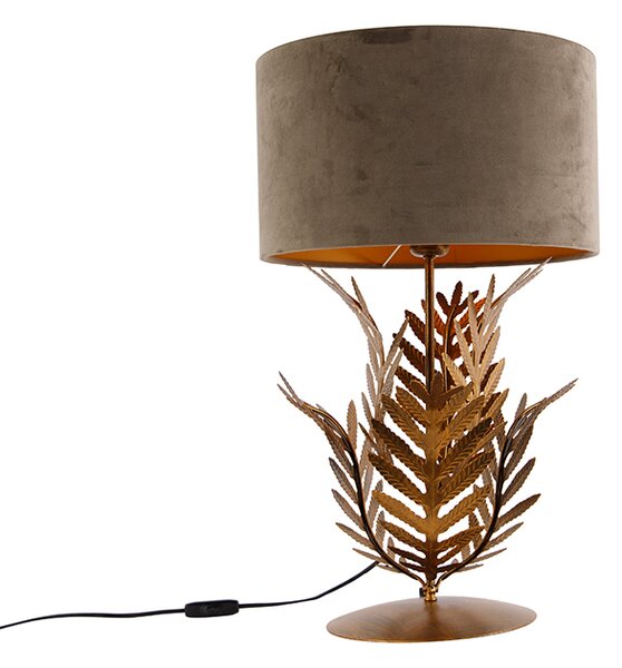 Vintage lampa stołowa złota klosz welurowy szarobrązowy 35cm - Botanica Oswietlenie wewnetrzne