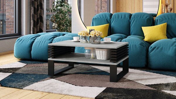 GOKEE S-90 Beton Jasny Atelier/Czarny Mat - NOWOCZESNA ŁAWA STOLIK KAWOWY Z LAMELAMI