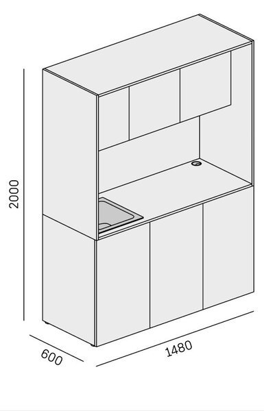 Kuchnia biurowa NIKA ze zlewem i kranem 1481 x 600 x 2000 mm, dąb naturalny, prawe