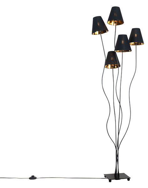 Designerska lampa podłogowa czarna ze złotym 5-punktowym - Melis Oswietlenie wewnetrzne
