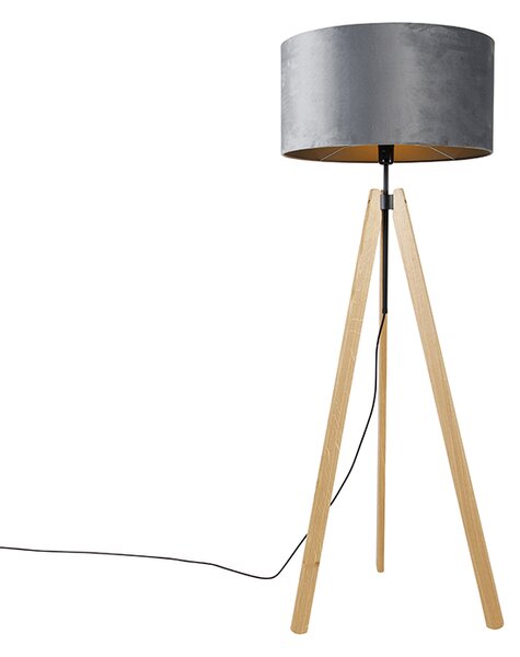 Nowoczesna lampa podłogowa z drewna abażur z tkaniny szary 50 cm statyw - Telu Oswietlenie wewnetrzne