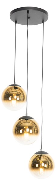 Lampa wisząca Art Deco czarna ze złotym szkłem okrągła 3-punktowa - Pallon Oswietlenie wewnetrzne
