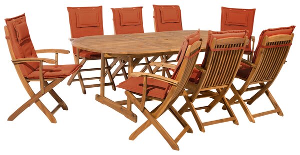 Zestaw mebli ogrodowych stół 8 krzeseł drewno akacjowe czerwone poduchy Maui Beliani