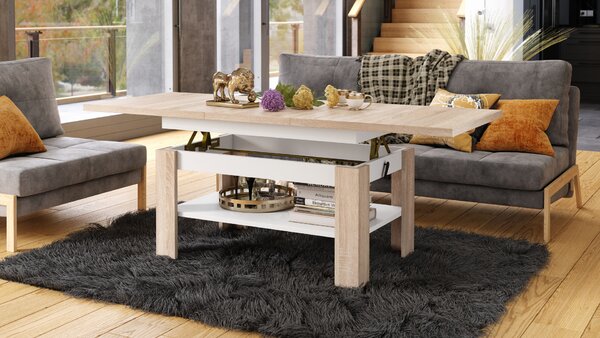 RIO Dąb Sonoma/Biały Mat - ŁAWA ROZKŁADANA PODNOSZONA STÓŁ ŁAWOSTÓŁ Z PÓŁKĄ
