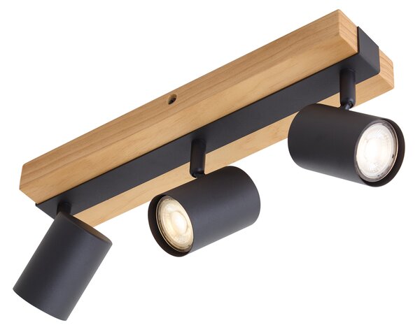 Lampa sufitowa czarna z drewnem, 3-punktowa, regulowana, prostokątna - Jeana