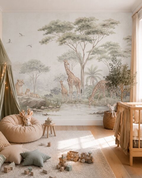 Fototapety Safari z żyrafami, lwami, zebrami i tropikalnymi drzewami, Fototapety Zwierzęta, w05804 : Uwalls.pl