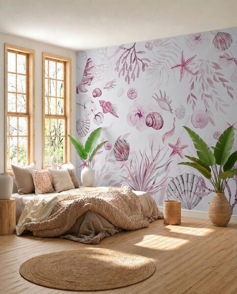 Fototapety Akwarela wzór morski, styl boho, muszle, koralowce, bawełna, różowe kolory, Fototapety Kwiaty, w00851v3 : Uwalls.pl