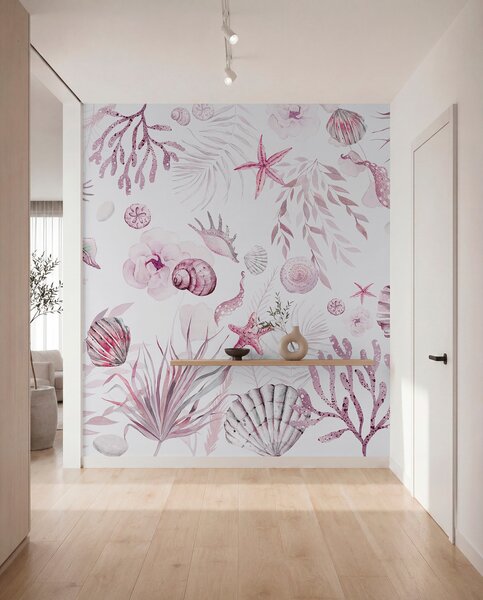 Fototapety Akwarela wzór morski, styl boho, muszle, koralowce, bawełna, różowe kolory, Fototapety Kwiaty, w00851v3 : Uwalls.pl