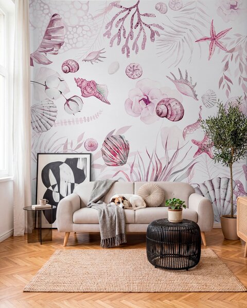 Fototapety Akwarela wzór morski, styl boho, muszle, koralowce, bawełna, różowe kolory, Fototapety Kwiaty, w00851v3 : Uwalls.pl