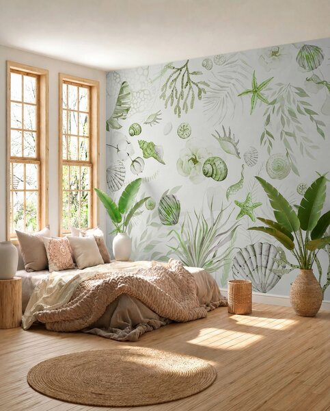 Fototapety Akwarela wzór morski, styl boho, muszle, koralowce, bawełna, zielone kolory, Fototapety Morze i Plaża, w00851v2 : Uwalls.pl