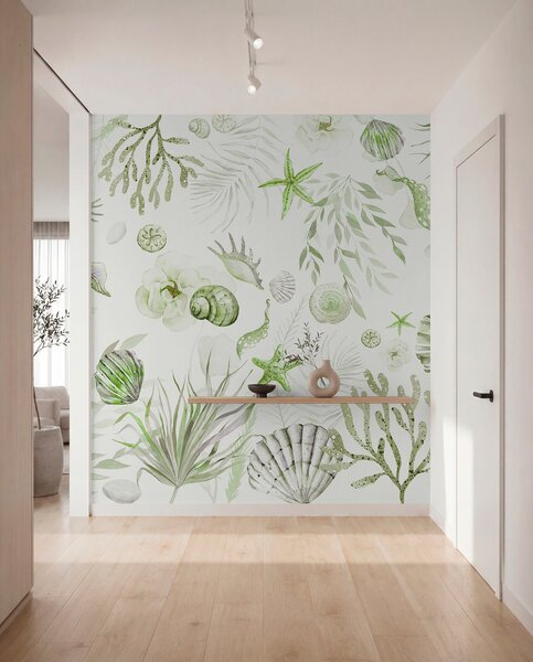 Fototapety Akwarela wzór morski, styl boho, muszle, koralowce, bawełna, zielone kolory, Fototapety Morze i Plaża, w00851v2 : Uwalls.pl