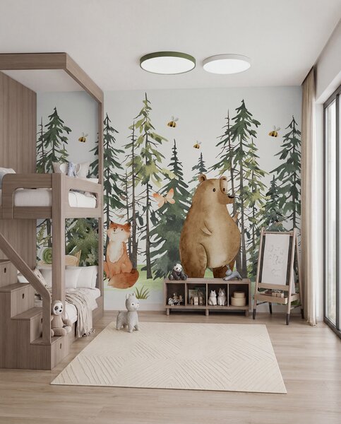 Fototapety Scena leśna ze zwierzętami i różnymi sosnami w tle, Fototapety Dziecięce, Fototapety las dla dzieci, w00905 : Uwalls.pl