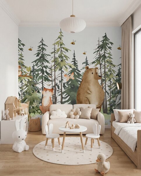 Fototapety Scena leśna ze zwierzętami i różnymi sosnami w tle, Fototapety Dziecięce, Fototapety las dla dzieci, w00905 : Uwalls.pl