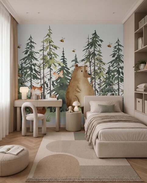 Fototapety Scena leśna ze zwierzętami i różnymi sosnami w tle, Fototapety Dziecięce, Fototapety las dla dzieci, w00905 : Uwalls.pl