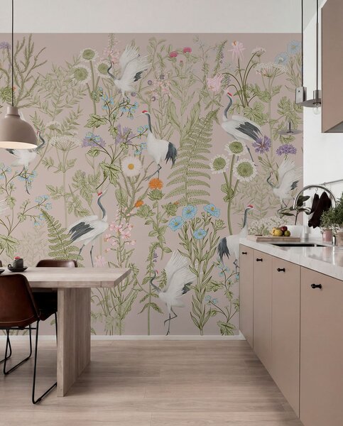 Fototapety Eleganckie żurawie wśród żywych kwiatów, Fototapety Zwierzęta, Fototapety Ptaki, w00380 : Uwalls.pl