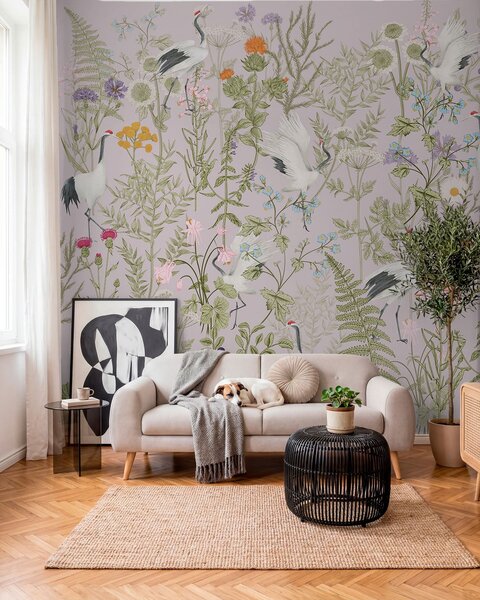 Fototapety Eleganckie żurawie pośród żywych kwiatów, Fototapety Zwierzęta, Fototapety Ptaki, w00380v3 : Uwalls.pl