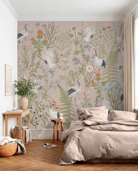 Fototapety Eleganckie żurawie wśród żywych kwiatów, Fototapety Zwierzęta, Fototapety Ptaki, w00380 : Uwalls.pl