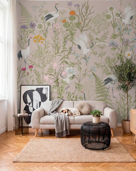 Fototapety Eleganckie żurawie wśród żywych kwiatów, Fototapety Zwierzęta, Fototapety Ptaki, w00380 : Uwalls.pl