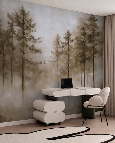 Fototapety Mistyczny las, sosny, mgła, farba akrylowa, beżowe kolory, Fototapety Natura, w02149v1 : Uwalls.pl