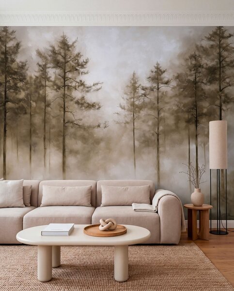 Fototapety Mistyczny las, sosny, mgła, farba akrylowa, beżowe kolory, Fototapety Natura, w02149v1 : Uwalls.pl