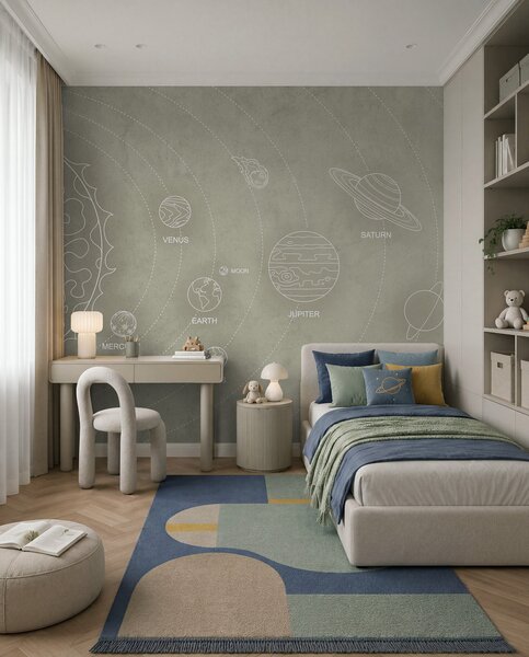 Fototapety Układ słoneczny w minimalistycznym stylu na chłodnym beżowym teksturowanym tle, Fototapety Kosmos, w02344 : Uwalls.pl